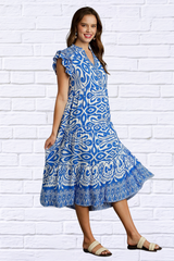 Umgee Full Size Blue and White Two Tone Border Print Ruffle Cap Sleeve Midi Dress Plus Size