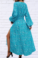 Split Printed Surplice Long Sleeve Midi Dress