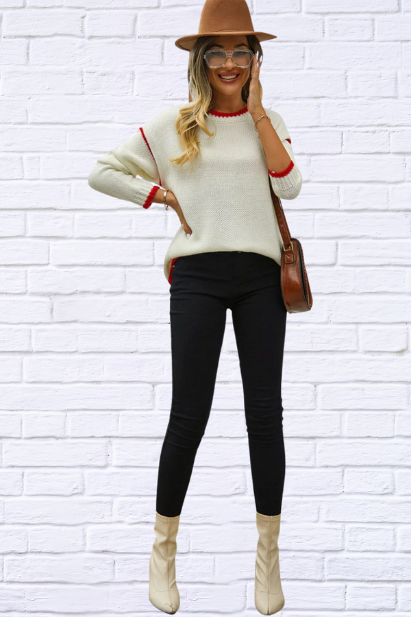 Round Neck Long Sleeve Waffle-Knit Sweater