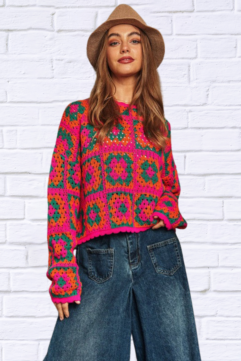 Crochet Patchwork Round Neck Pullover Sweater Top