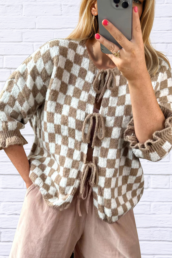 Tied Checkered Dropped Shoulder Flounce Sleeve Cardigan