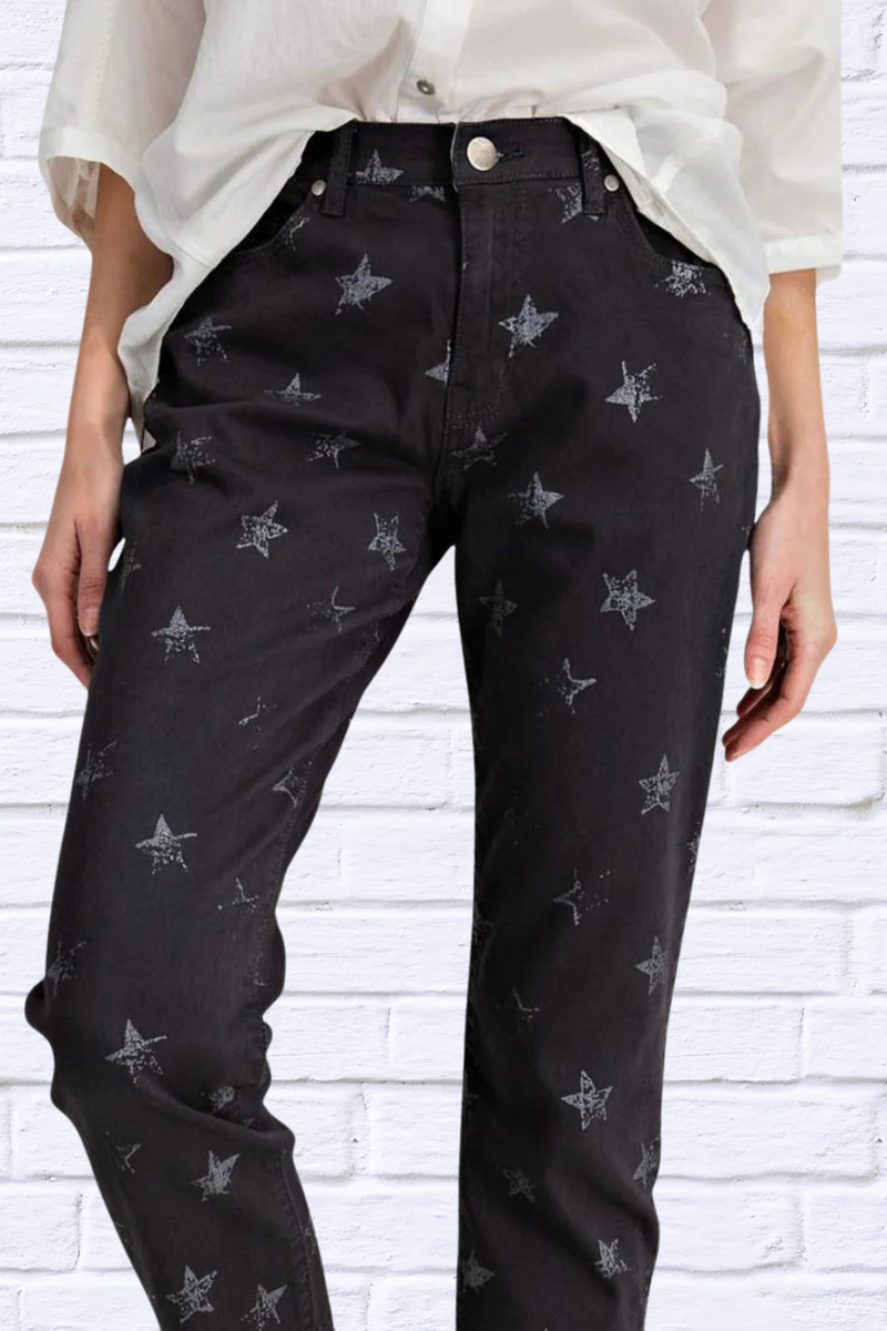 Star Printed Denim Jeans - Black and white Star Print