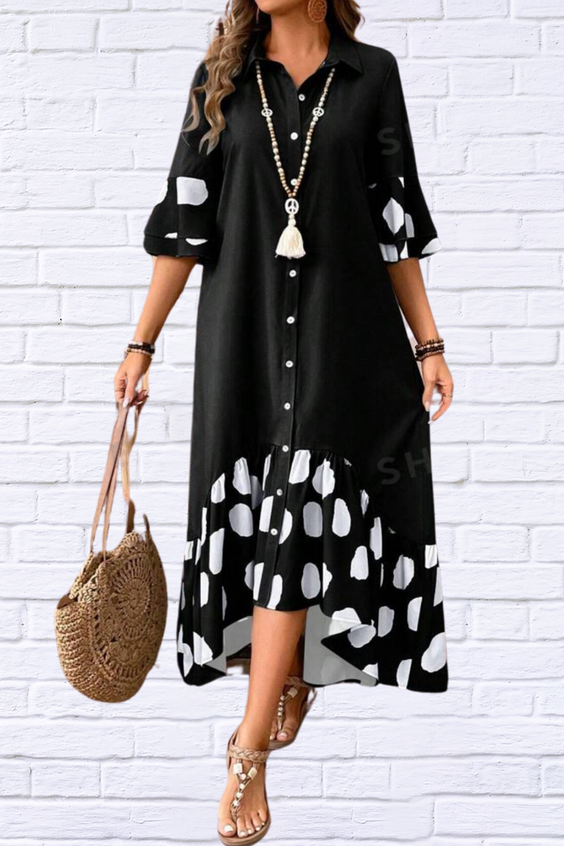 Black Solid with Contrast White Polka Dot Frill and Cuff Dress