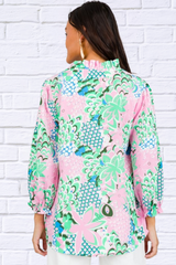 Green Floral Print V Neck Tied Loose Blouse