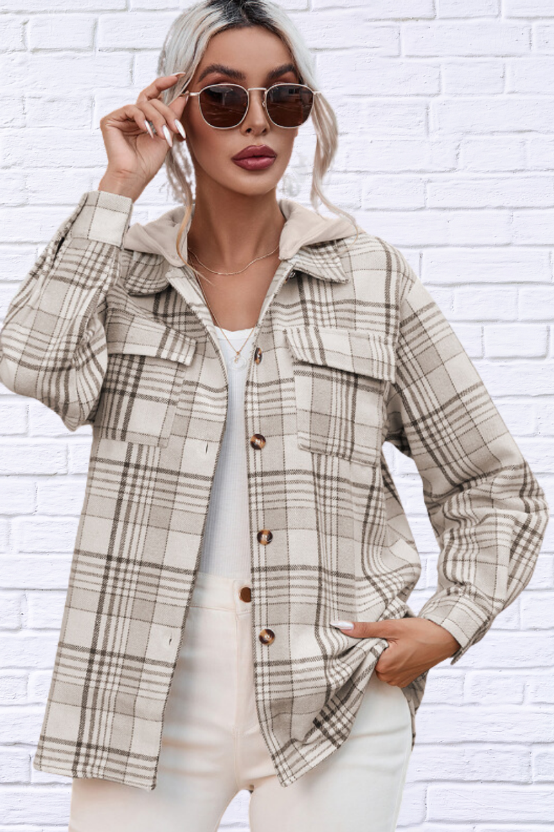 Plaid Removable Hood Button Up Shacket