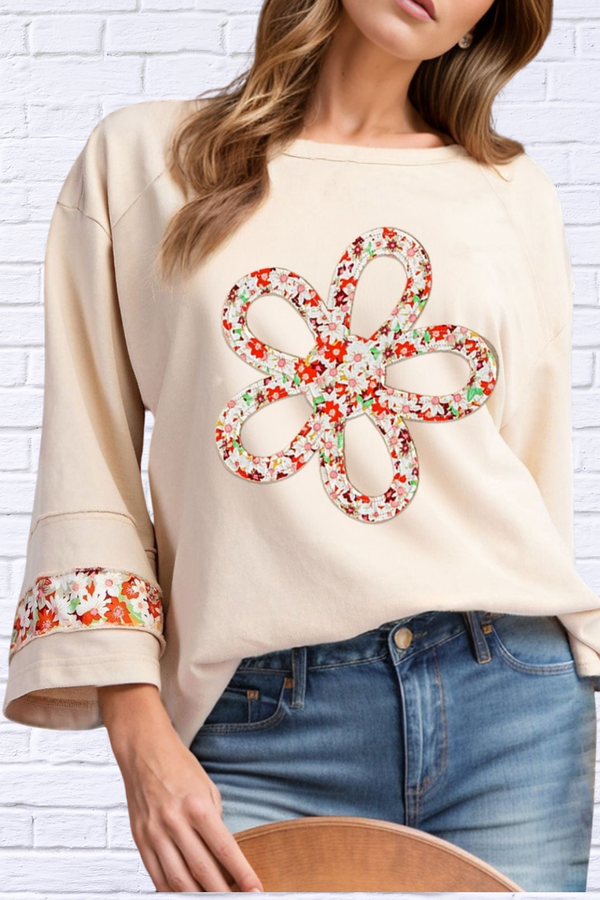 Exposed Seam Slit Floral Round Neck Blouse