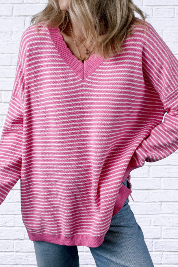 Striped V-Neck Dropped Shoulder Sweater