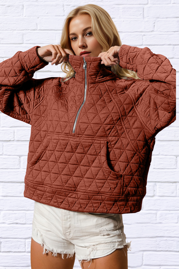 Half Zip Long Sleeve Quilted Sweatshirt with Pocket