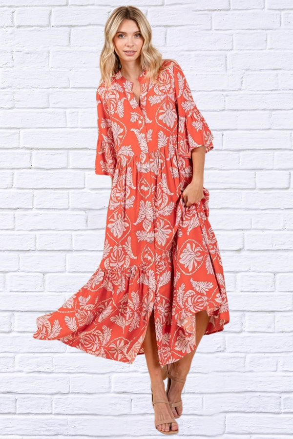 Abstract Orange-Red Leaf Print Tiered Ruffle Dress