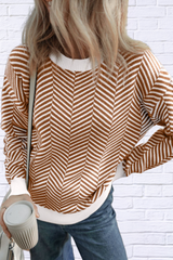 Herring Bone Round Neck Long Sleeve Sweater