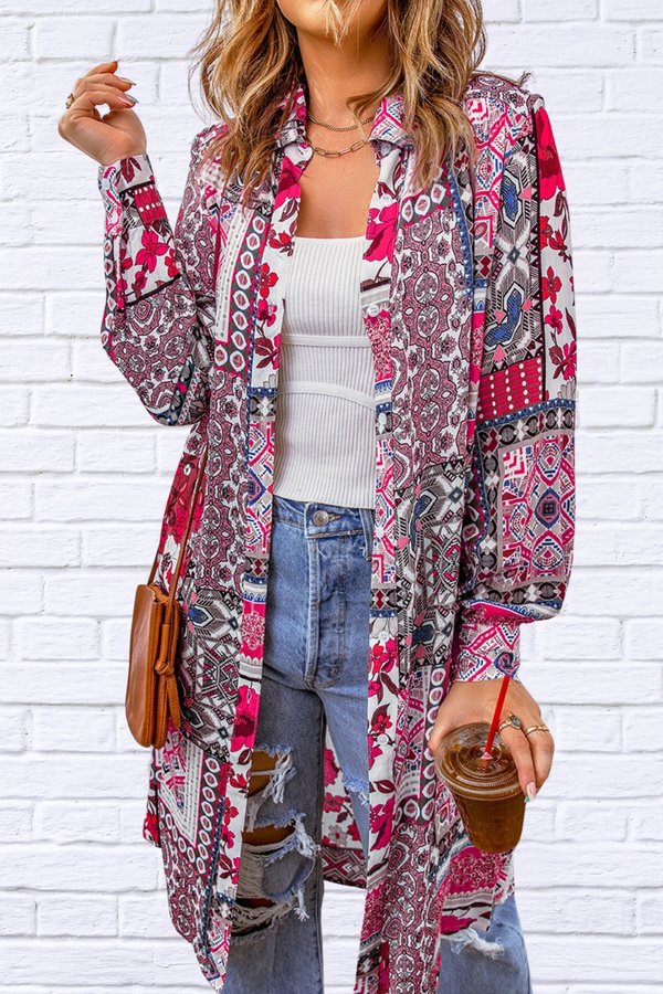 Printed Button Up Long Sleeve Cardigan