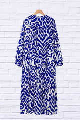 Tiered Printed Notched Long Sleeve Midi Dress