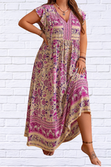 Plus Size Printed V-Neck Cap Sleeve Maxi Dress