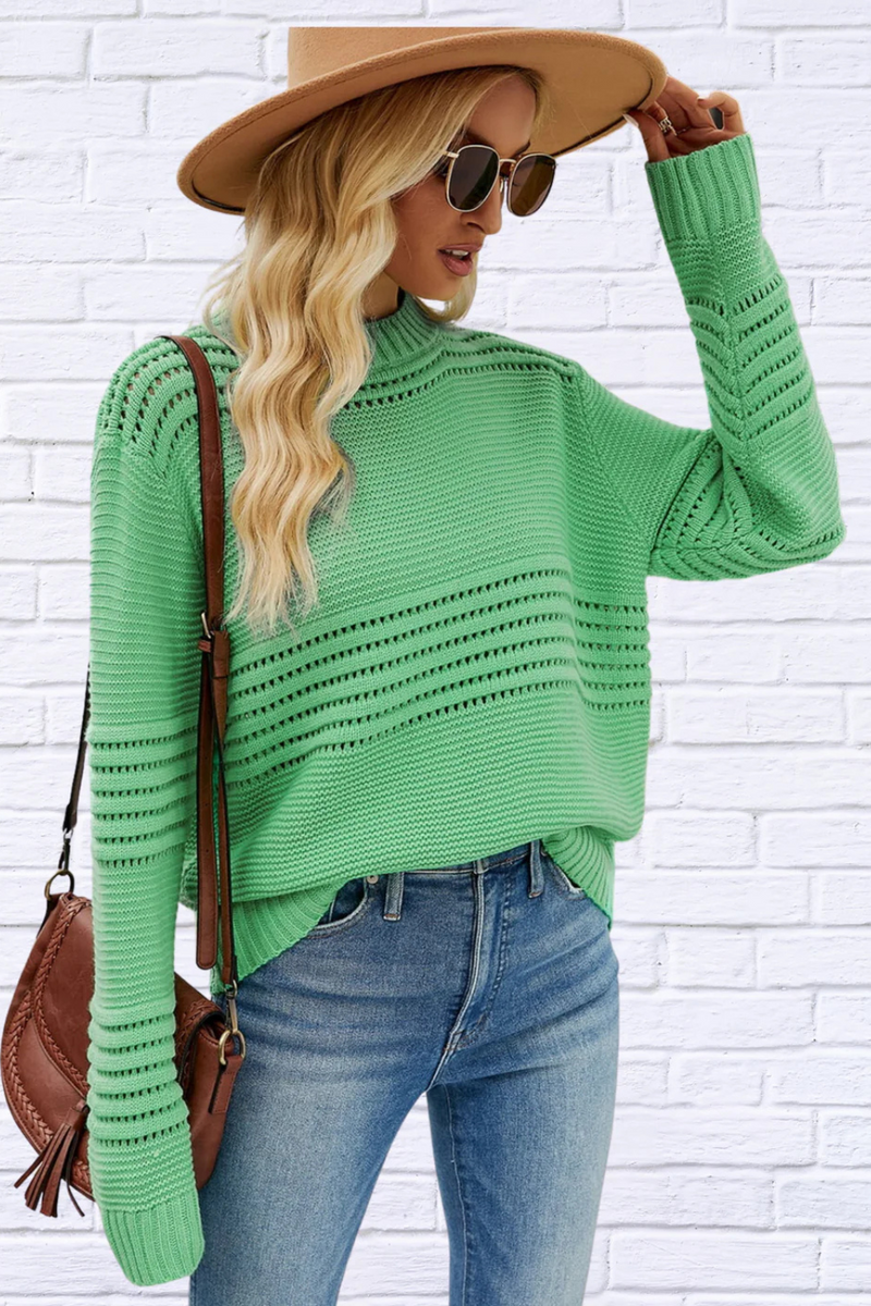 Round Neck Openwork Long Sleeve Pullover Sweater