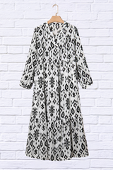 Tiered Printed Notched Long Sleeve Midi Dress