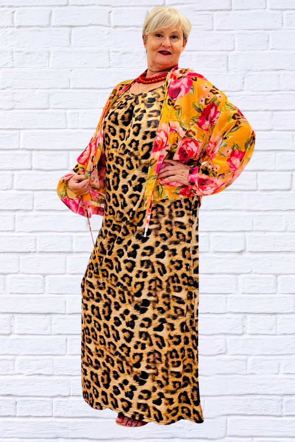 Demi Column Maxi Dress - Tangerine/Cerise Pink / Animal Combo