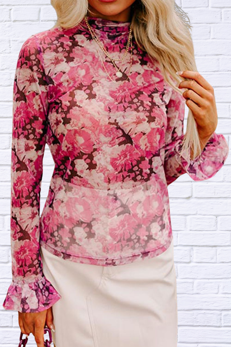 Floral Turtleneck Flounce Sleeve Blouse – Elegant, Feminine, and Timeless