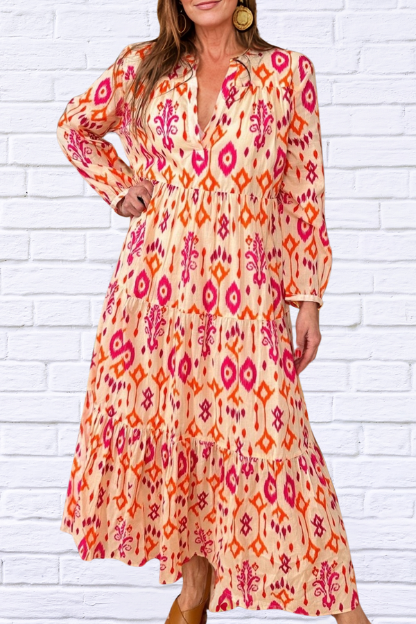 Tiered Printed Notched Long Sleeve Midi Dress