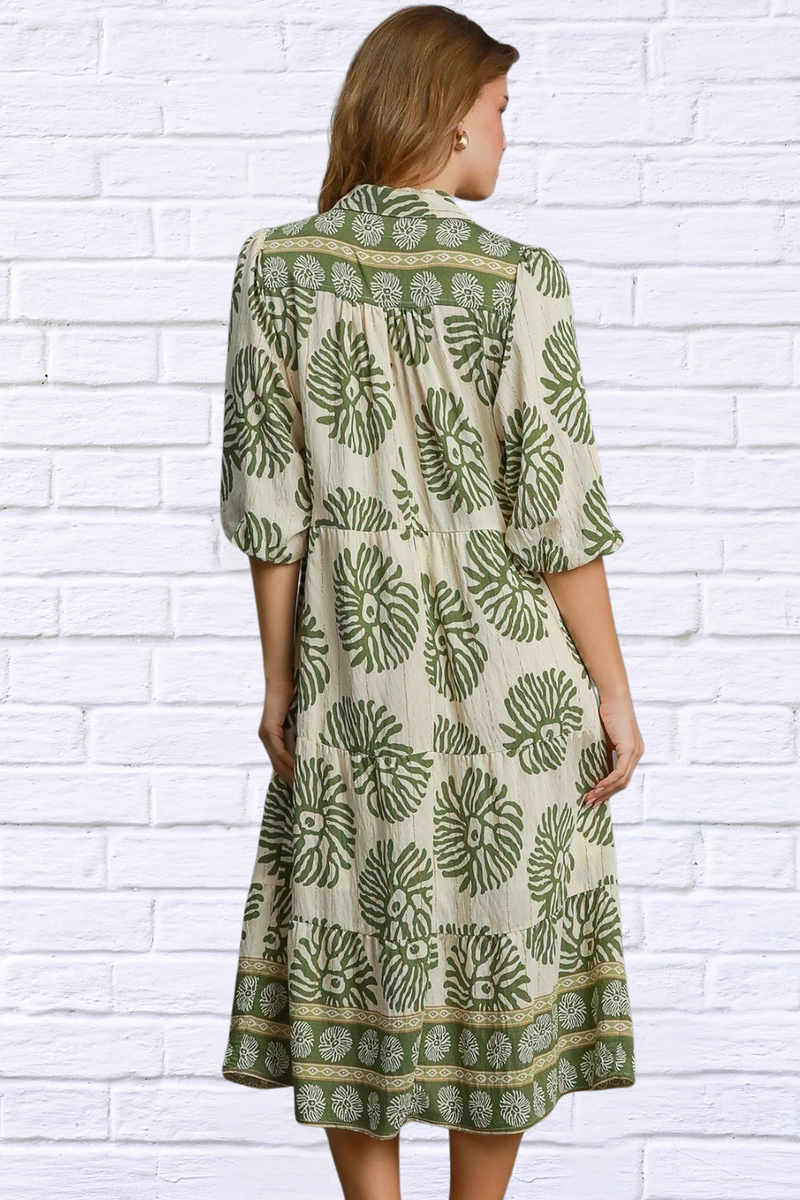 Umgee Full Size Green Border Print Tiered Midi Dress Plus Size