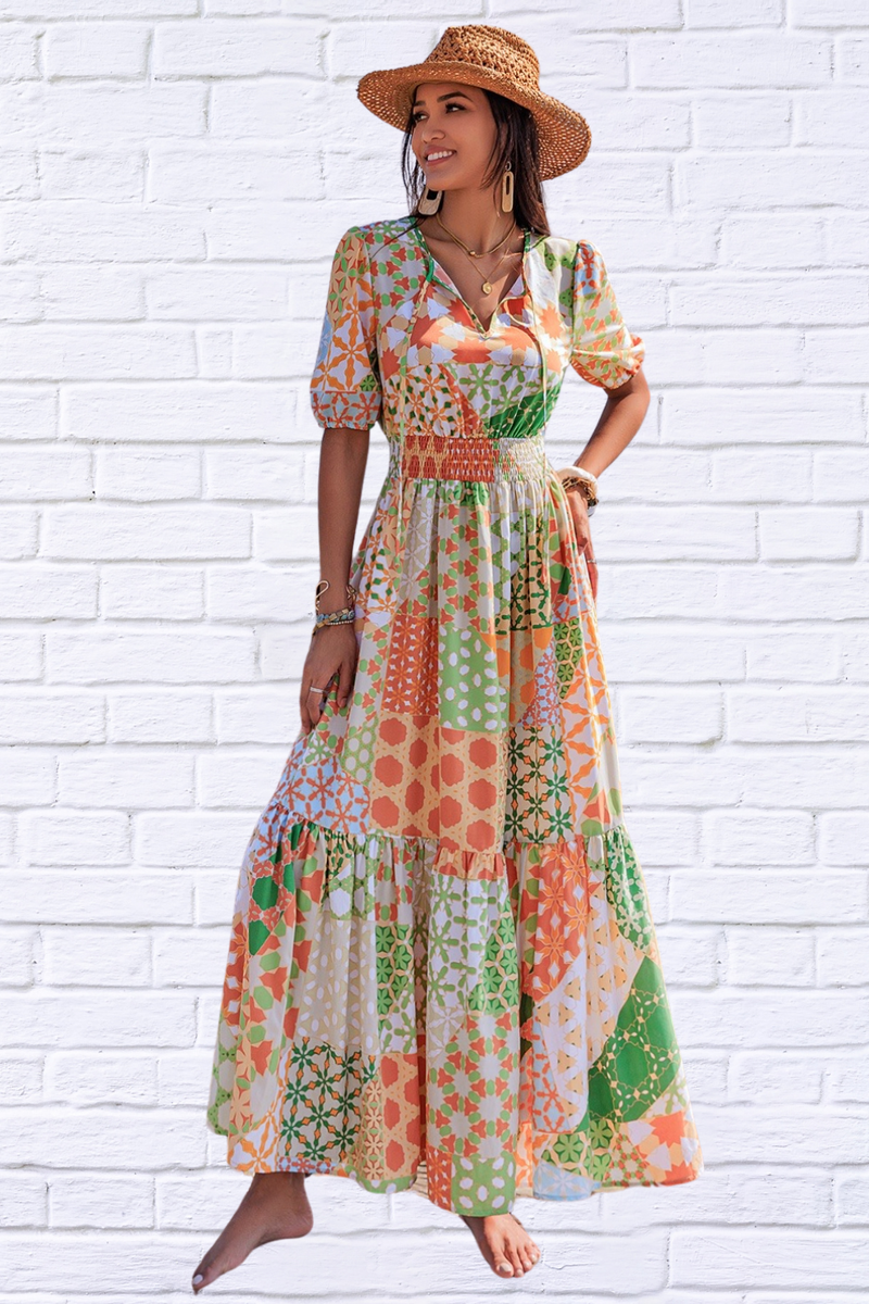 Smocked Printed V-Neck Short Sleeve Maxi Dress