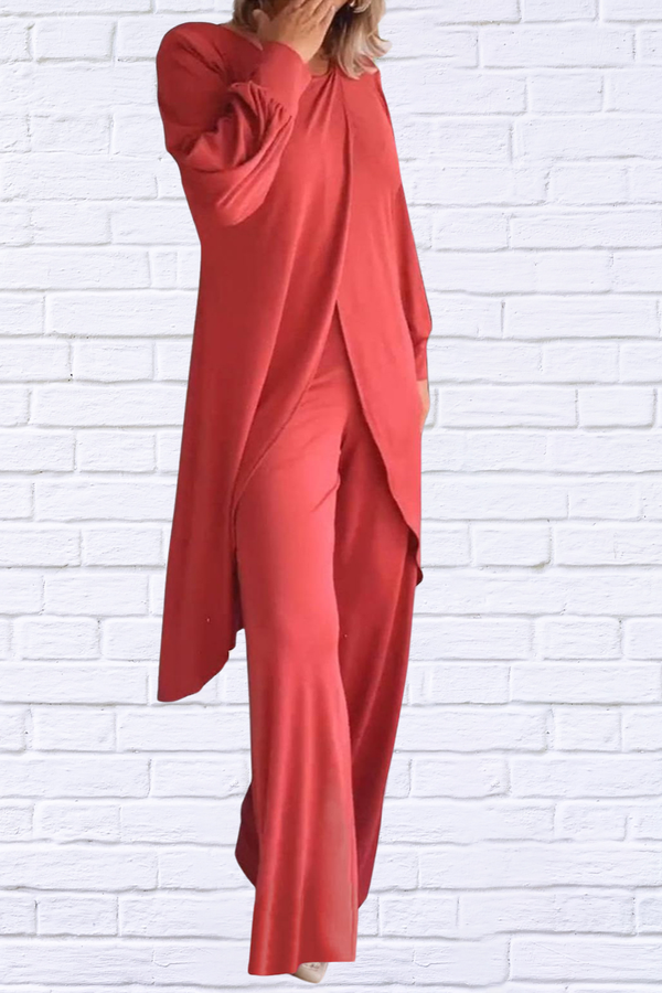 Full Size Slit Round Neck Long Sleeve Top and Pants Set