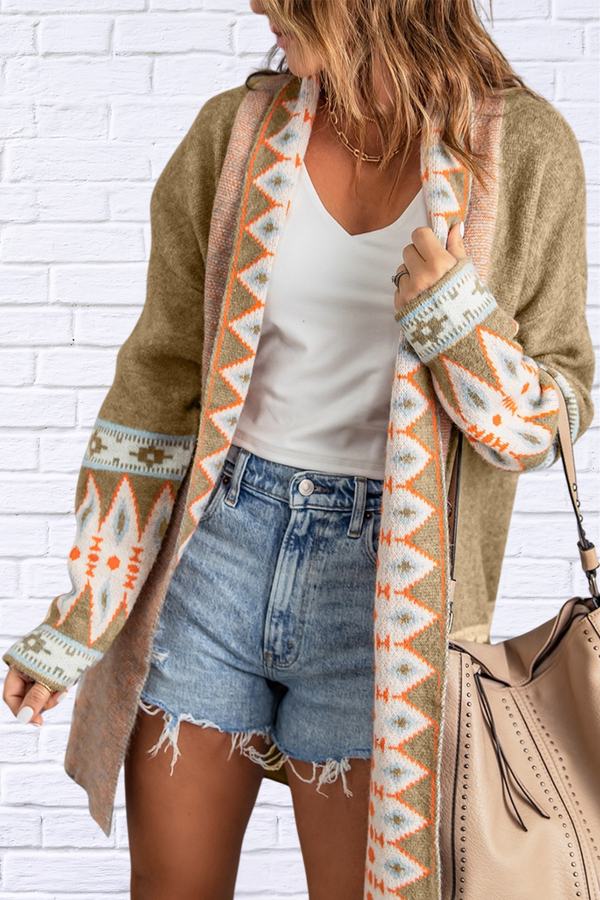 Geometric Open Front Long Sleeve Cardigan