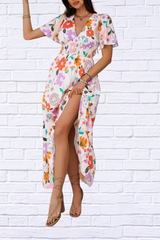 Smocked Printed V-Neck Short Sleeve Maxi Dress