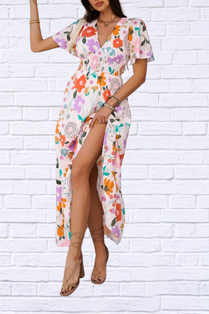 Smocked Printed V-Neck Short Sleeve Maxi Dress