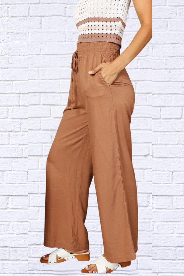 Double Take Drawstring Smocked Waist Wide Leg Pants