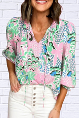 Green Floral Print V Neck Tied Loose Blouse