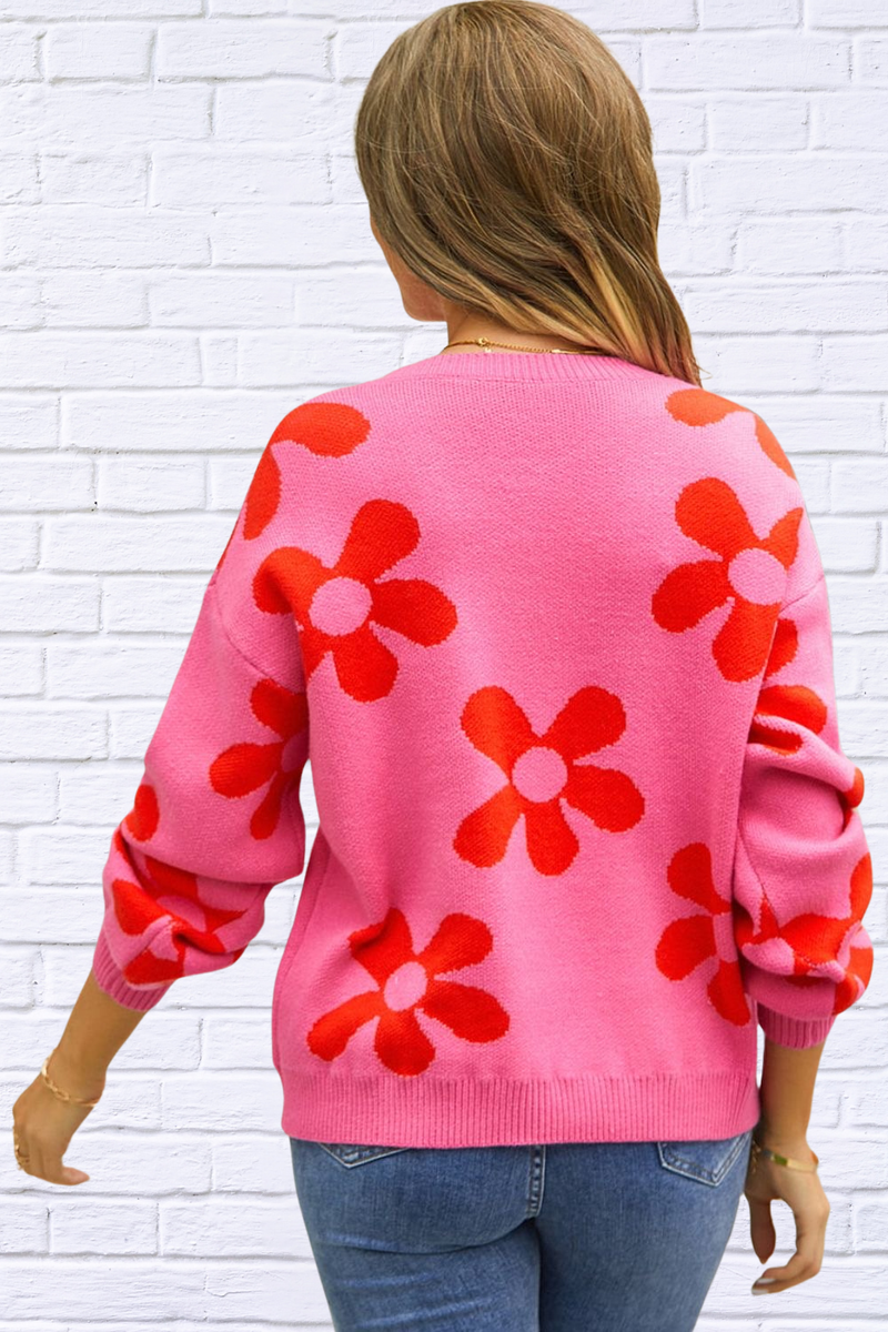 Angel Wings Floral Print Round Neck Dropped Shoulder Pullover Sweater