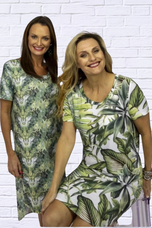 Jenneke Palm Leaf Shift Dress - Palm Green Leafs Printed on a white Back Ground