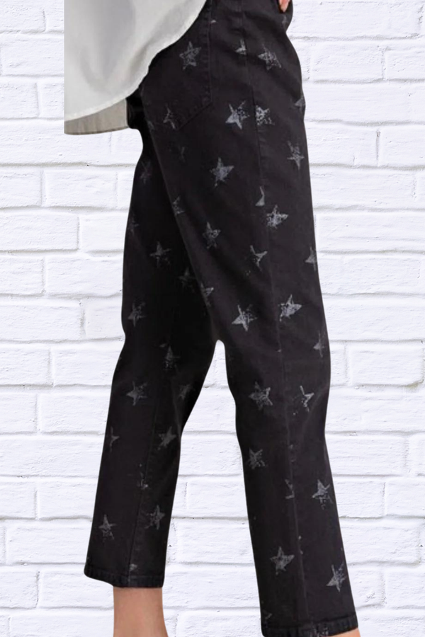 Star Printed Denim Jeans - Black and white Star Print