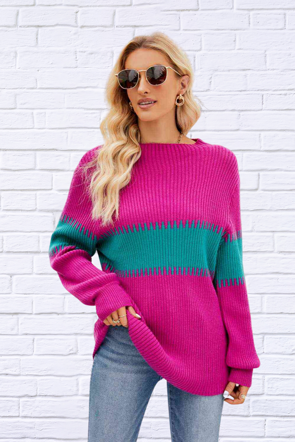 Contrast pink and Teal Round Neck Sweater