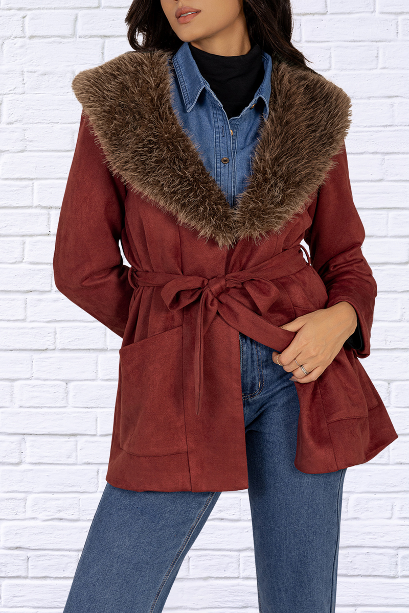 Fuzzy Collared Neck Tie Waist Jacket