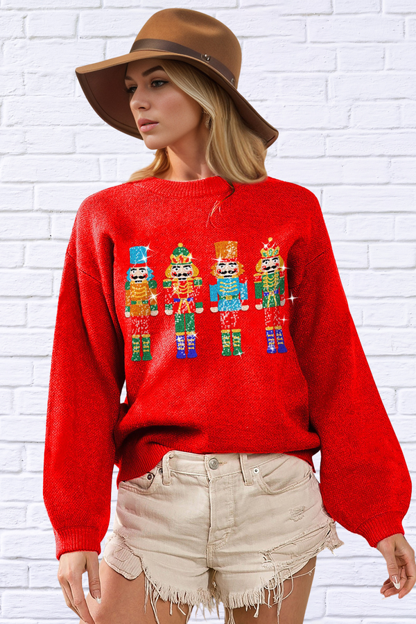 Full Size Sequin Nutcracker Long Sleeve Sweater