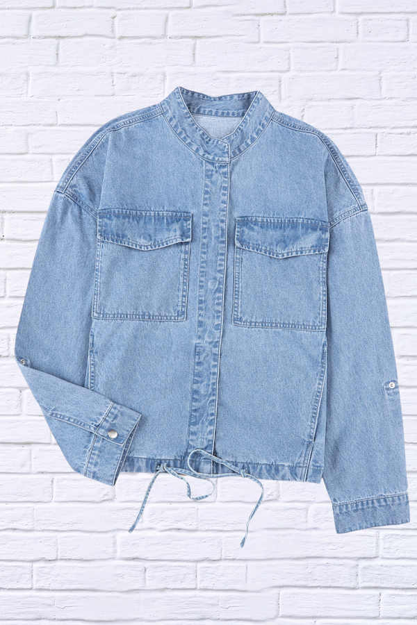 Drawstring Snap Down Denim Jacket with Chest Pockets