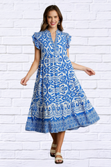 Umgee Full Size Blue and White Two Tone Border Print Ruffle Cap Sleeve Midi Dress Plus Size