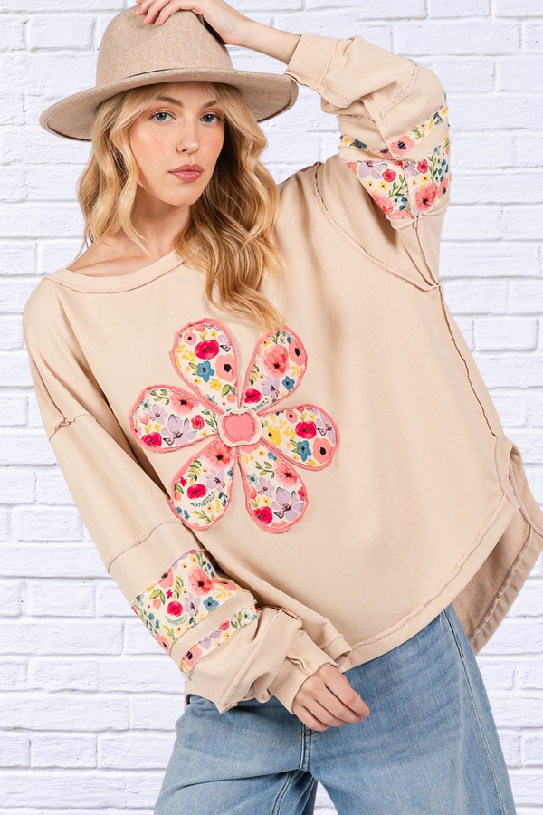 SAGE + FIG Daisy Patch Applique Long Sleeve Sweatshirt