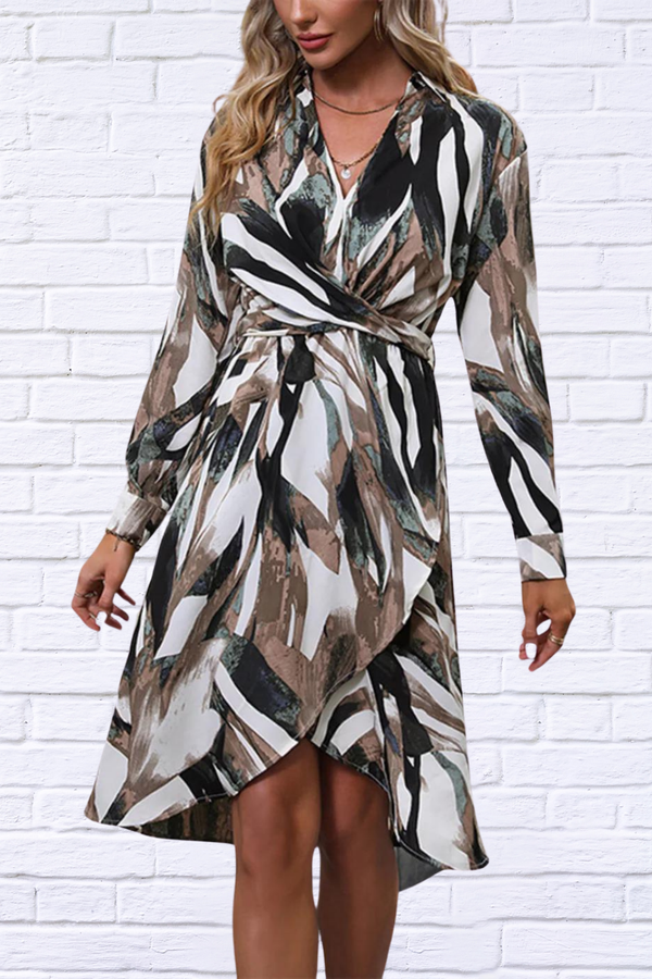 Printed V-Neck Long Sleeve Mini Dress