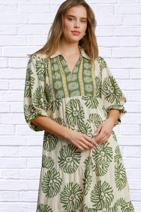 Umgee Full Size Green Border Print Tiered Midi Dress Plus Size