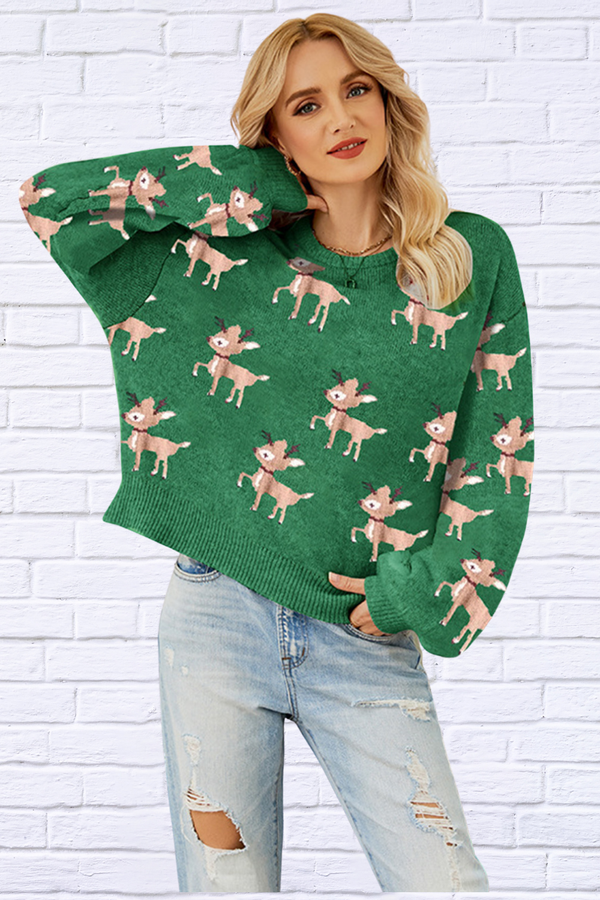 Reindeer Round Neck Drop Shoulder Sweater