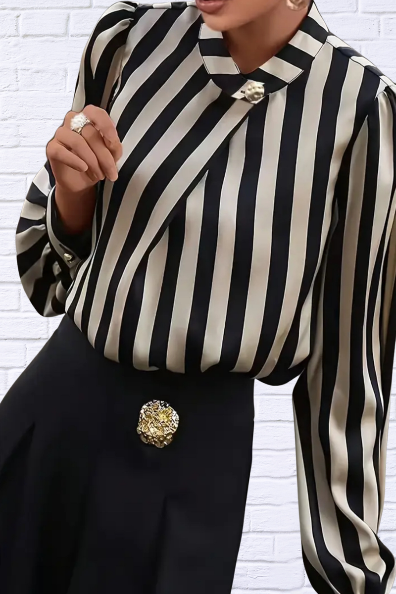 Elegant Special Black and White Striped Cross-Collar Button-Up Shirt