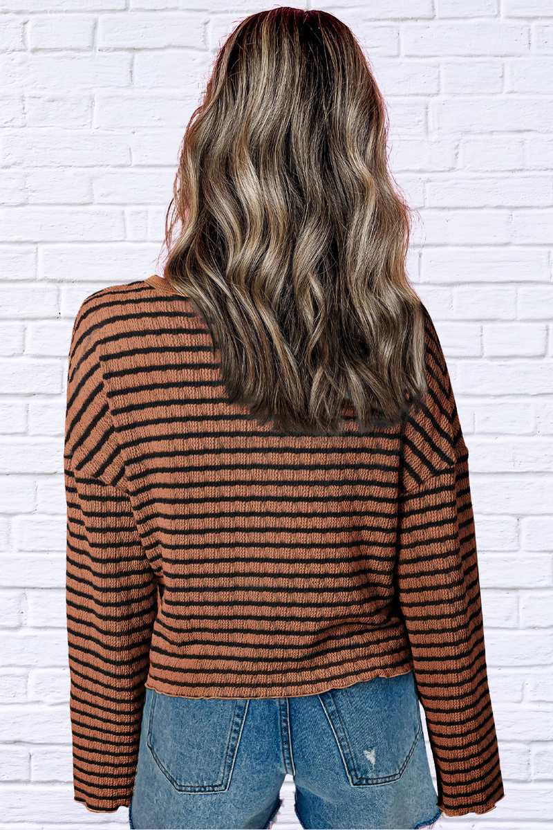 Caramel Striped Half Button Long Sleeve Blouse