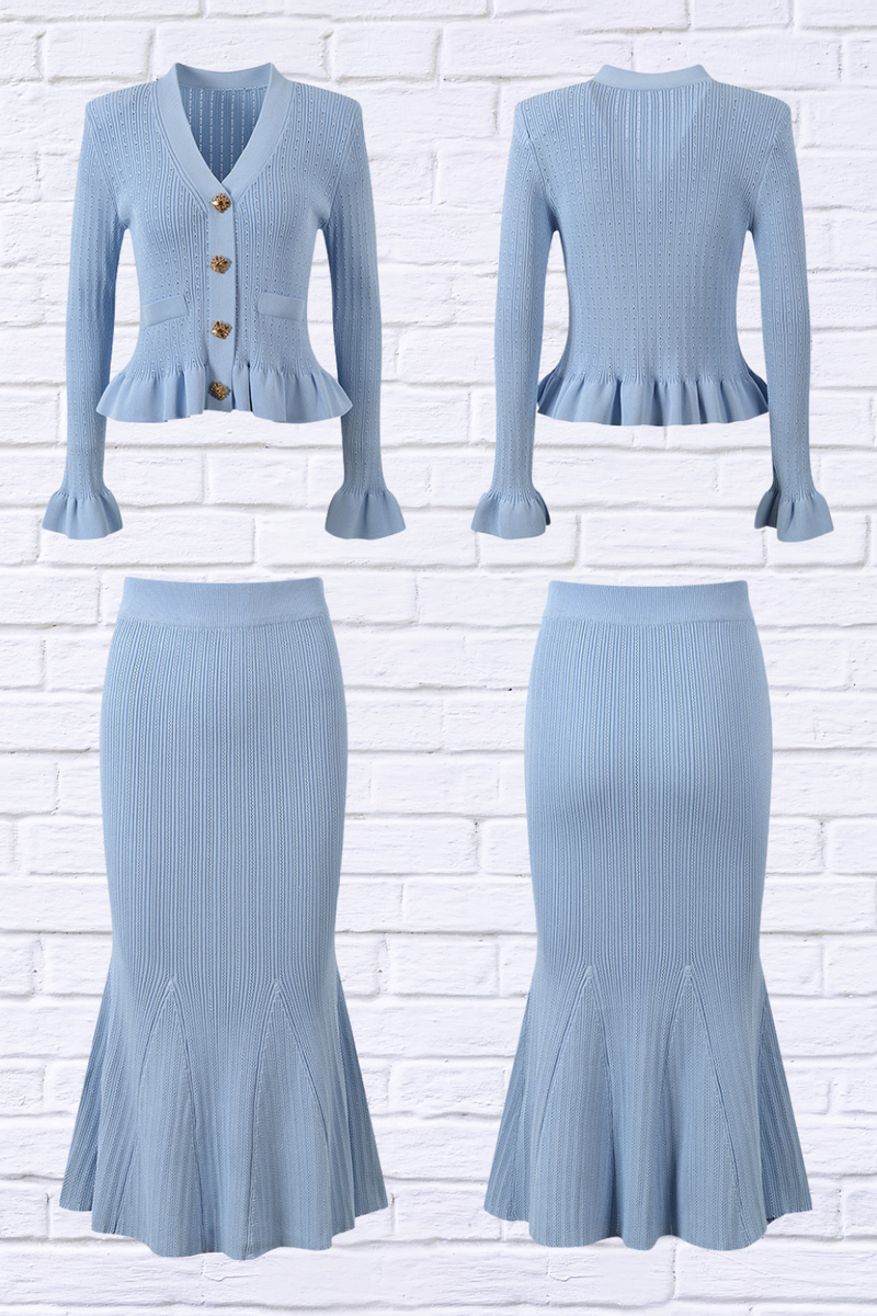 Ruffled V-Neck Top and Midi Skirt Sweater Set