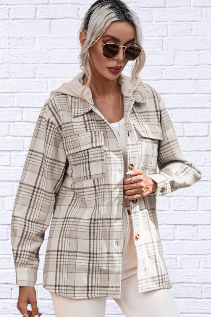 Plaid Removable Hood Button Up Shacket