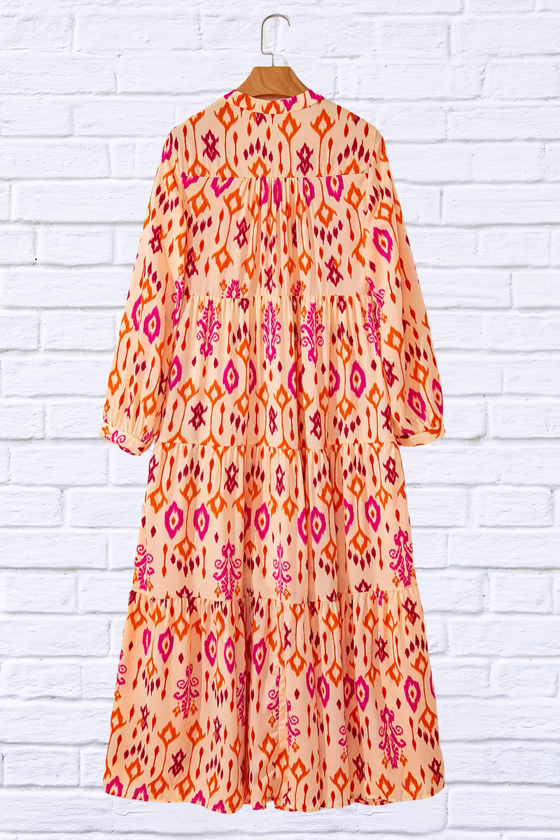 Tiered Printed Notched Long Sleeve Midi Dress