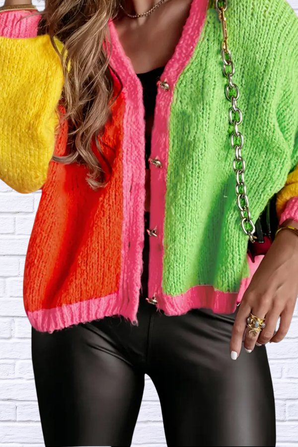 Elegant Color Block Button-Up Cardigan