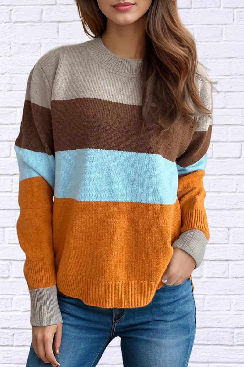 Ruby Color Block Stripe Round Neck Long Sleeve Sweater