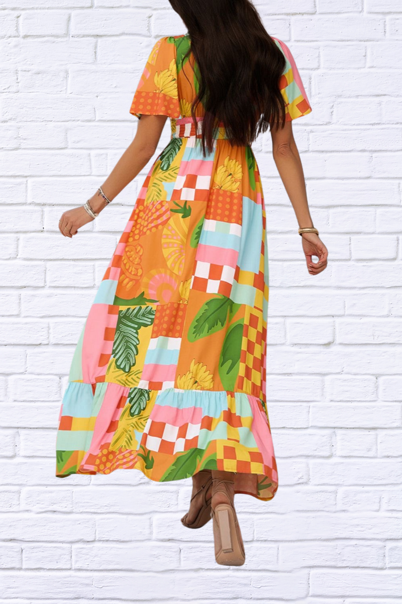 Smocked Printed V-Neck Short Sleeve Maxi Dress